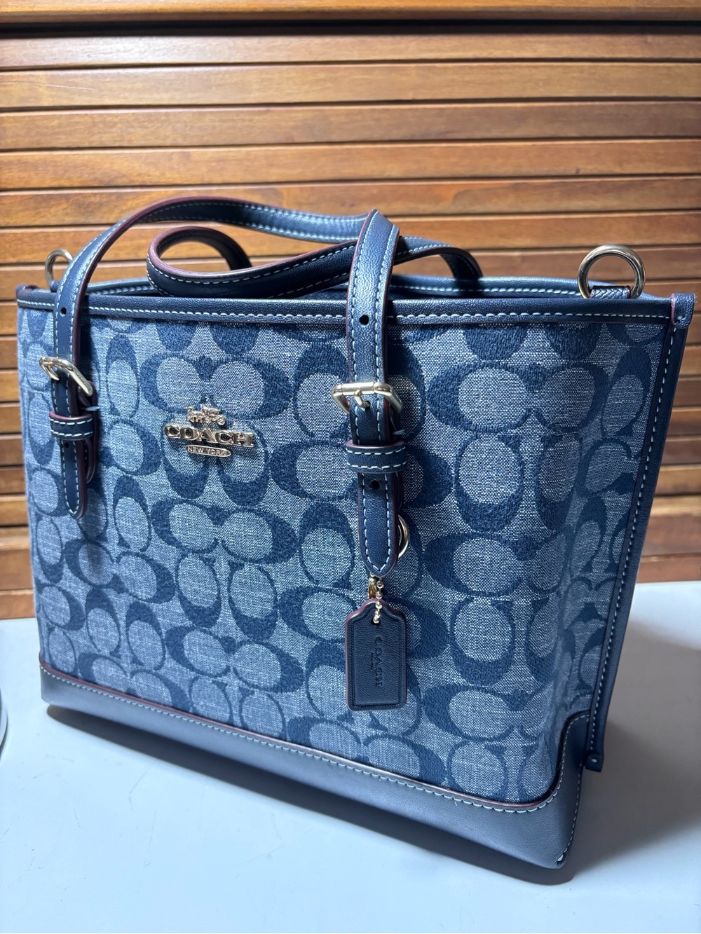 Coach Blue Signature Canvas Tote with Navy/Burgundy Leather Trim Brass Hardare